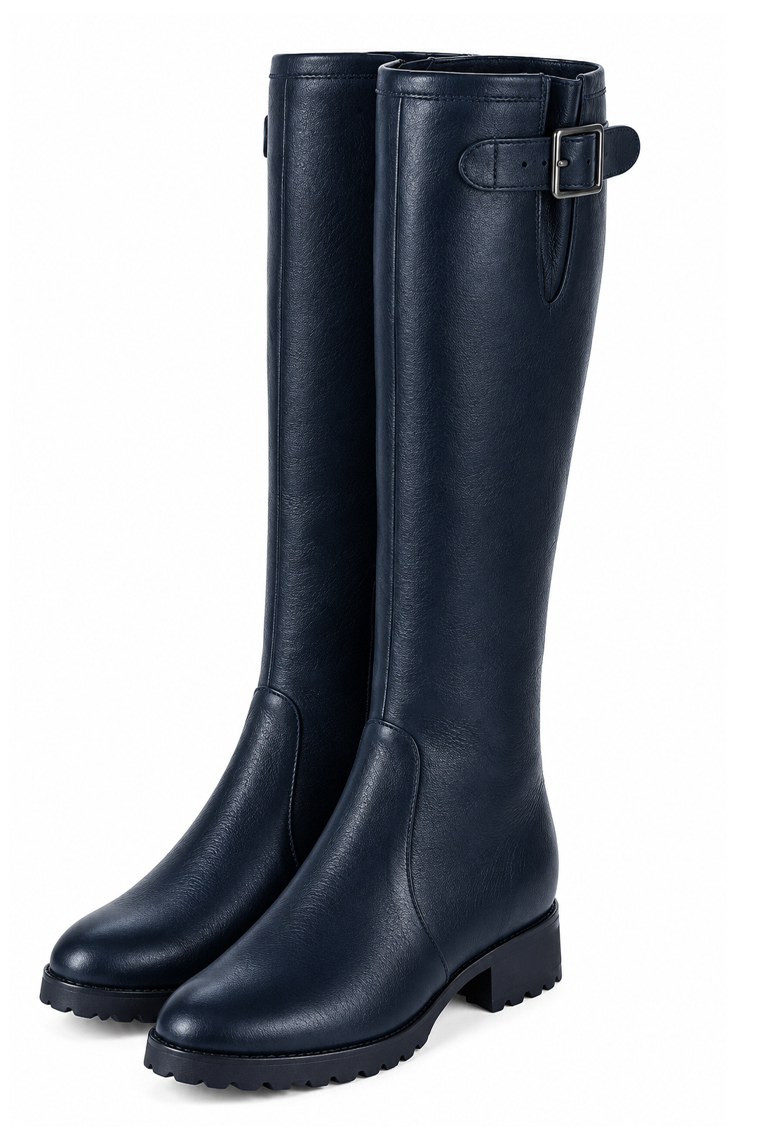 Dress custom-made knee-high boots with buckles in navy blue leather with thick rubber soles and round toe - Front view